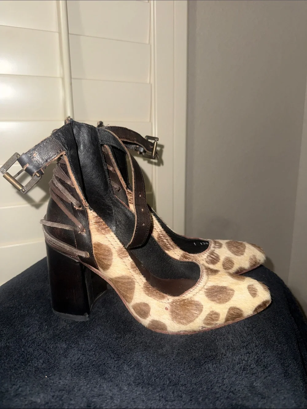 Freebird by Steven Brown Spotted Haircalf Pointed-Toe Ankle-Strap Heels